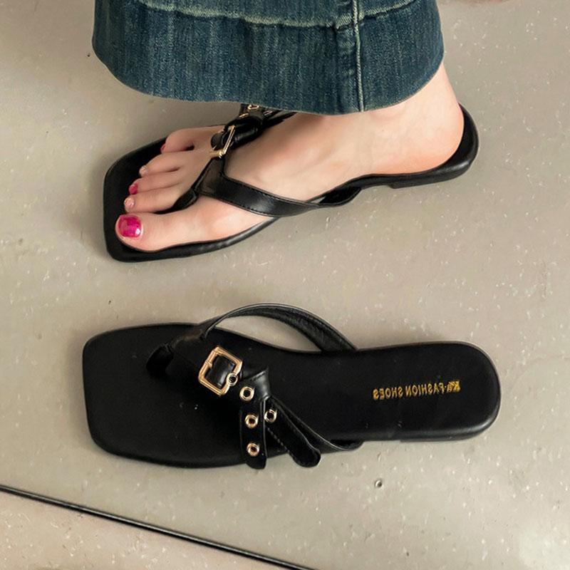Fashion Casual Flat Women's Summer Flip-Flops 2025 New Comfortable Retro Sandals Square Toe Buckle Indoor Outside Wear Slippers Shoes