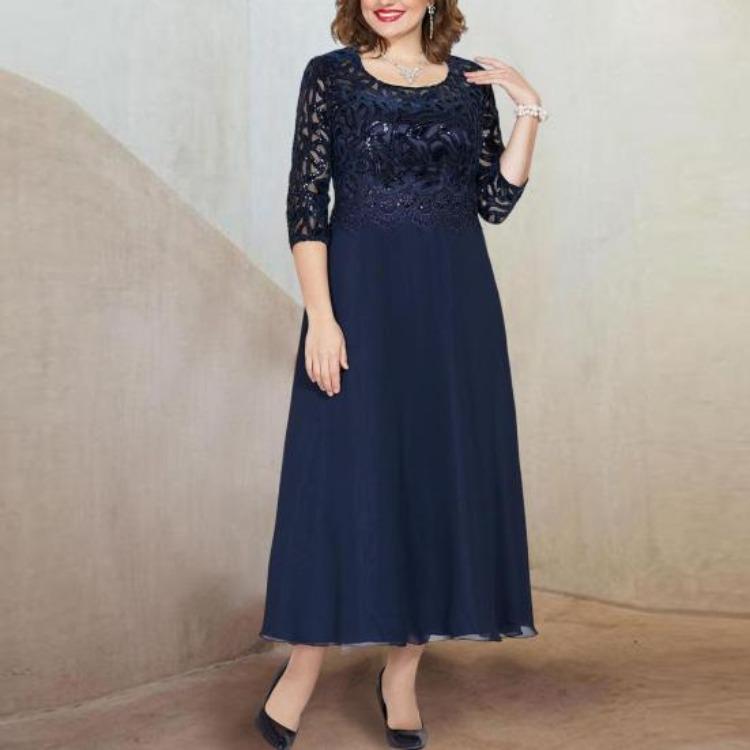 Evening Dress Plus Size Lace Embroidery Chiffon Patchwork A-Line O-Neck Half Sleeve High Waist Flowy Hem Long Dress Female Clothing
