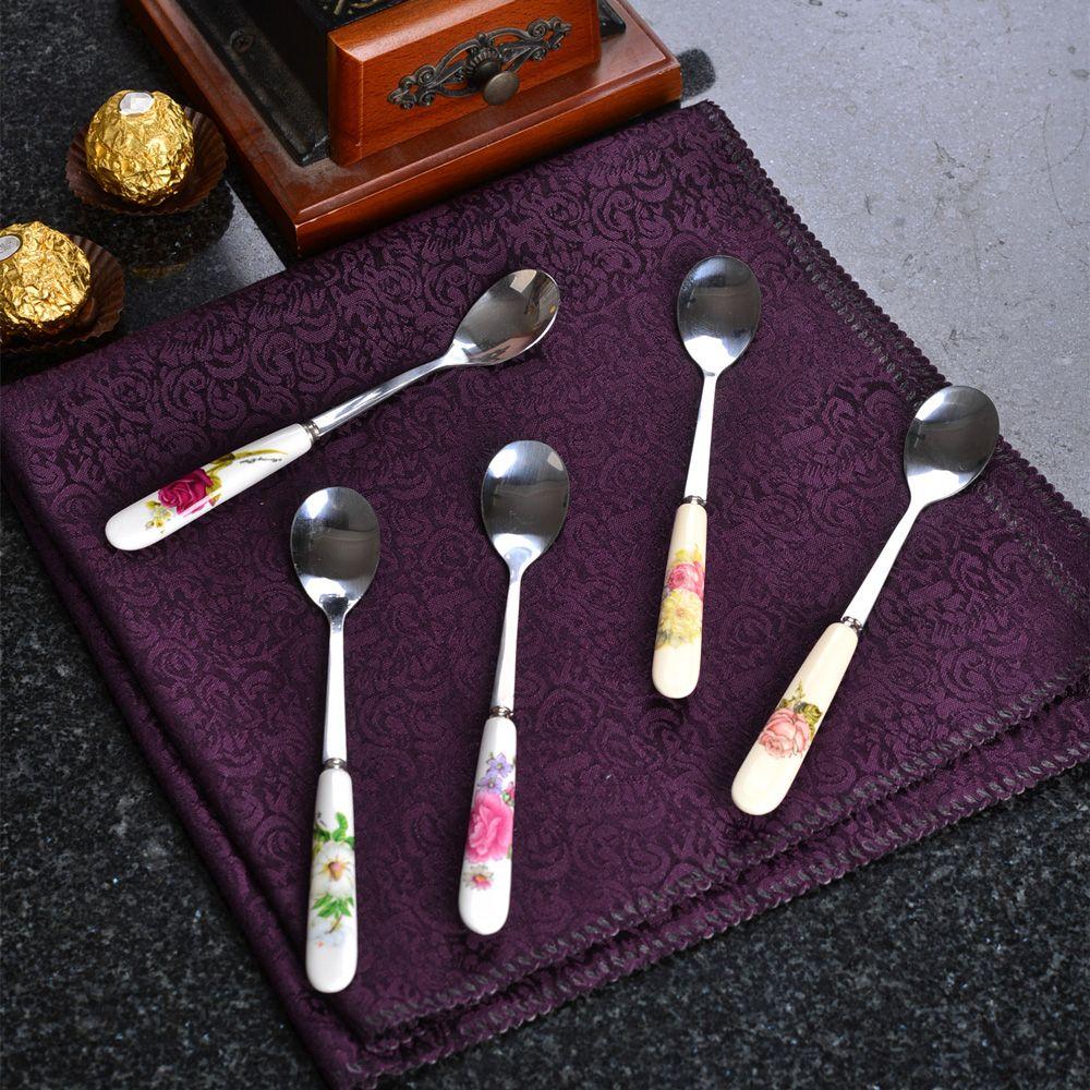 Ice Cream Rose Flowers Ceramics TeaSpoon Dessert Scoop Coffee Spoon Kitchen & Dining