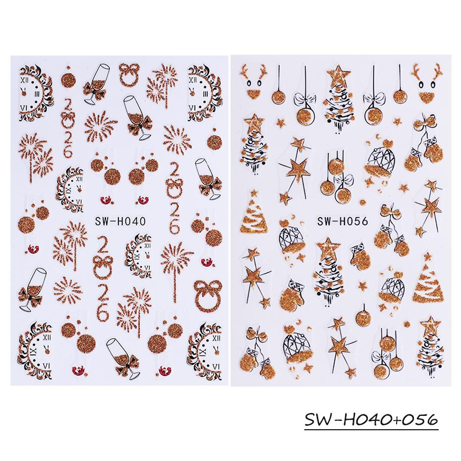 2/3pcs Glitter Christmas Nail Stickers Gold Fireworks Champagne Clock Design Bow New Year Nail Decals Manicure Decor Slider