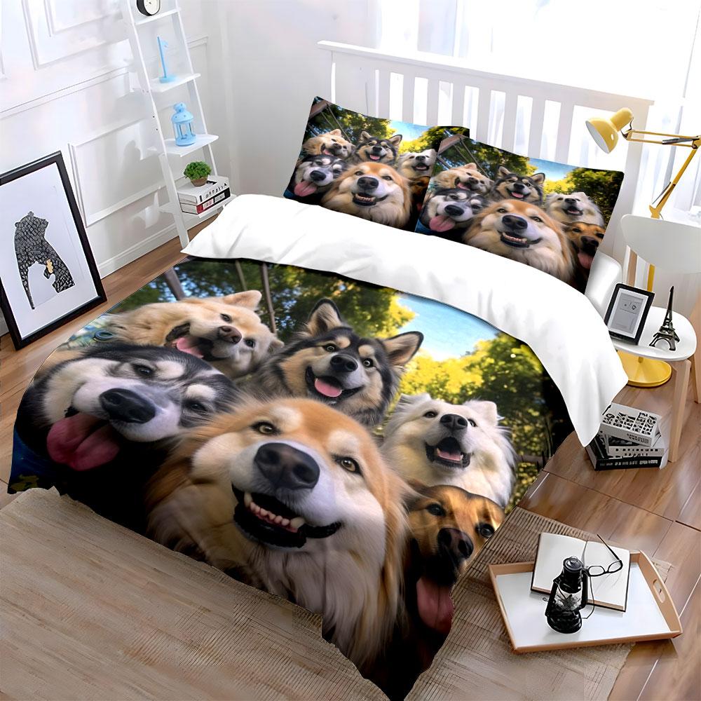 Dogs' Happy Group Photo Pattern Duvet Cover Set Digital Print Colorful Polyester Bedding with Zipper Closur for Kids Gifts