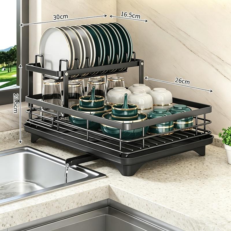 Extendable 1-Tier Metal Dish Drying Rack, Large Capacity Utensil Holder with Drain Board for Kitchen Counter