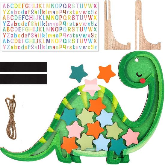 Yaomiao Magnetic Reward Jar Set DIY Name Wooden Reward Jar Personalized Star Chart with Colorful Letter Sticker Stand Toddler Good Behavior Dinosaurs