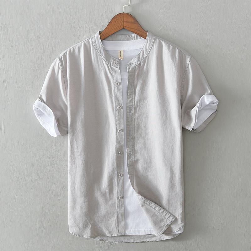 

Chinese Style Stand Up Collar Linen Shirt Men s Short-sleeved Cotton and Linen Shirt Summer Thin Loose Casual Shirt XXXXL серый
