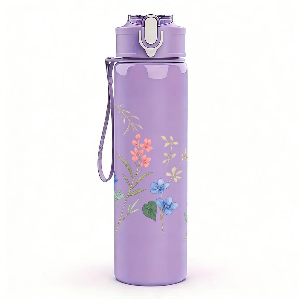 1PC Wild Meadow Floral Line Print 750ml Color Plastic Sports Water Bottle Leakproof Flip Straw Lid Suitable for Sports Office Home Use