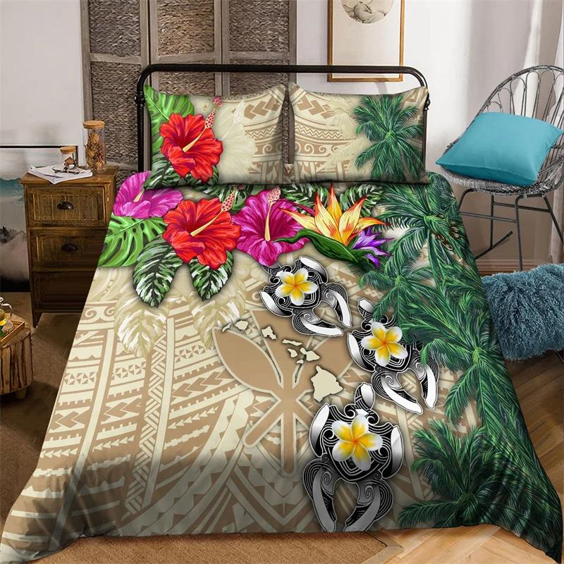 Hibiscus Floral Duvet Cover Tribal Polynesian Turtle Bedding Set Single Twin King Microfiber Plumeria Hawaiian Comforter Cover