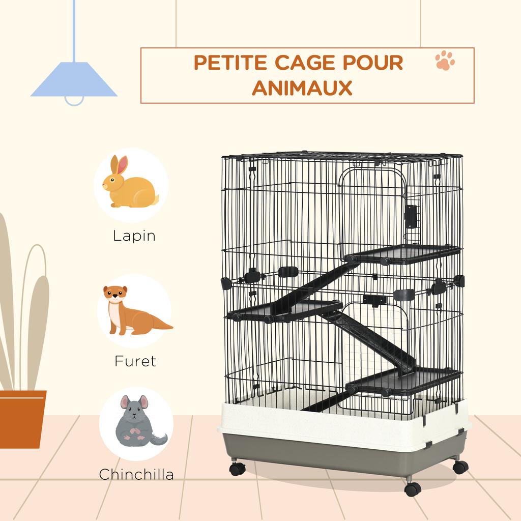 Four-Tier Small Animal Cage, for Bunnies, Ferrets, Chinchillas w/ Wheels, Tray - Black