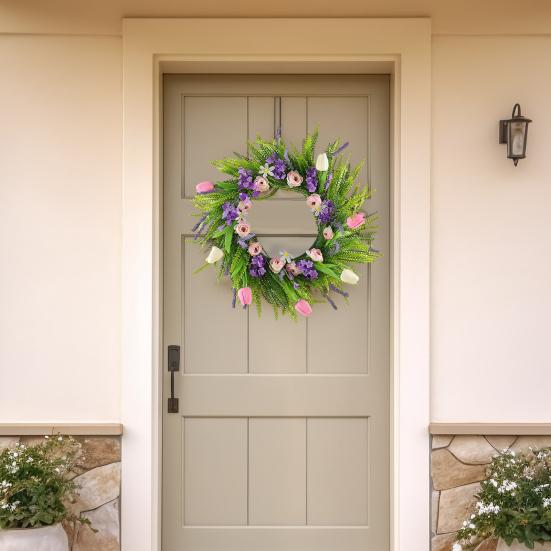 Spring Summer Tulip Wreath for Front Door Artificial Floral Greenery Wreath with Ferns Wildflowers for Indoor Outdoor Porch Wall Farmhouse Wedding
