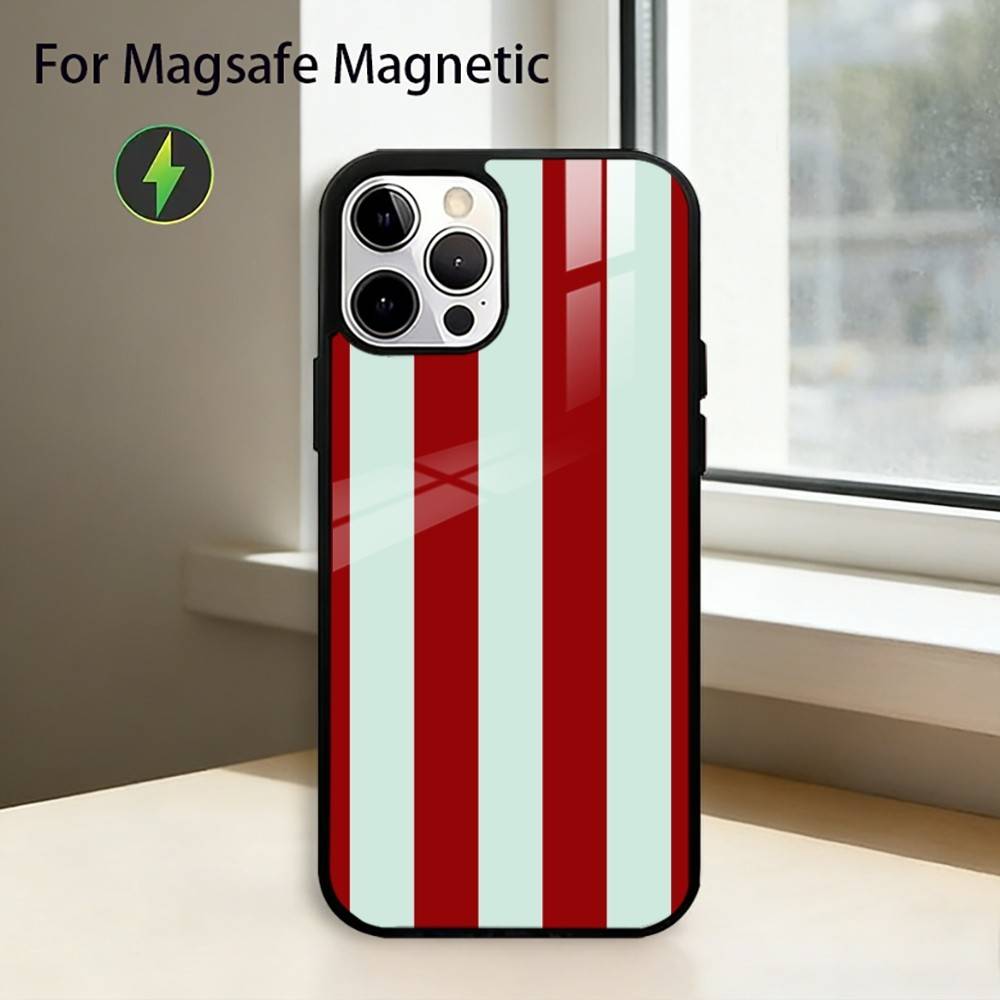 Burgundy White S-Stripe Phone Case For iPhone17,16,15,14,13,12,11 Plus,Pro Magnetic For Magsafe Wireless Charging