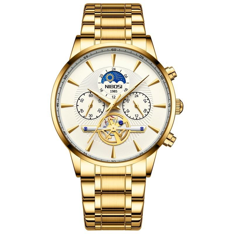 Business Quartz Watch Stainless Steel Belt Sun Moon Star Men'S Moon Phase Watch