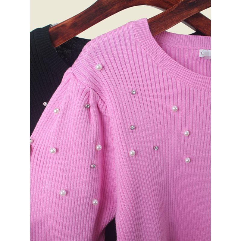 Fresh Sweet Fashion Temperament Pearl Decoration Knit sweater Women Foreign Trade Rib Japan fashion Light Luxury Bottoming Shirt