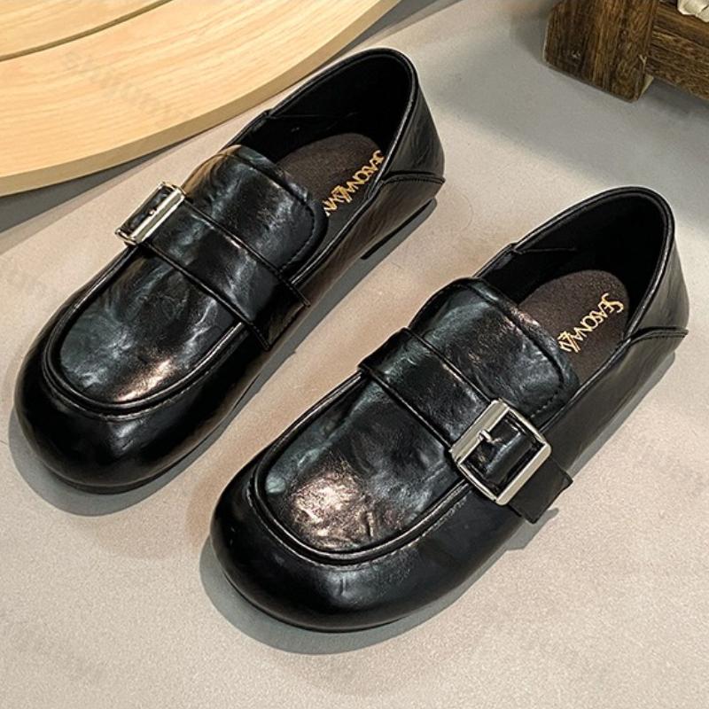 Fashion Women Casual Shoes Spring Autumn New Fashion Buckle Strap Slip On Flats Lightweight Comfortable Vintage Soft Sole Leather Shoes