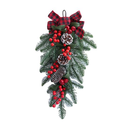 Christmas Swag Artificial Teardrop Swag Wreath with Pine Cones Red Berries And Bow Winter Door Hanging Swag for Front Door Stair Decor