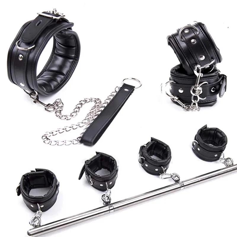 Stainless Steel Adjustable Open Leg Bar Handcuffs Ankle Cuffs Lockable Bondage Set Sex Slave Restraints Dog Collar Sex Toys