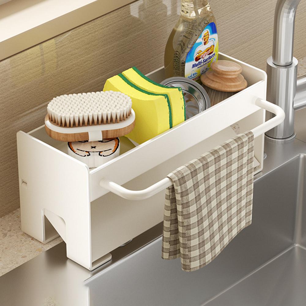 Space Saving Carbon Steel Kitchen Sink Caddy Organizer Rack with Towel Bar Draining Rack