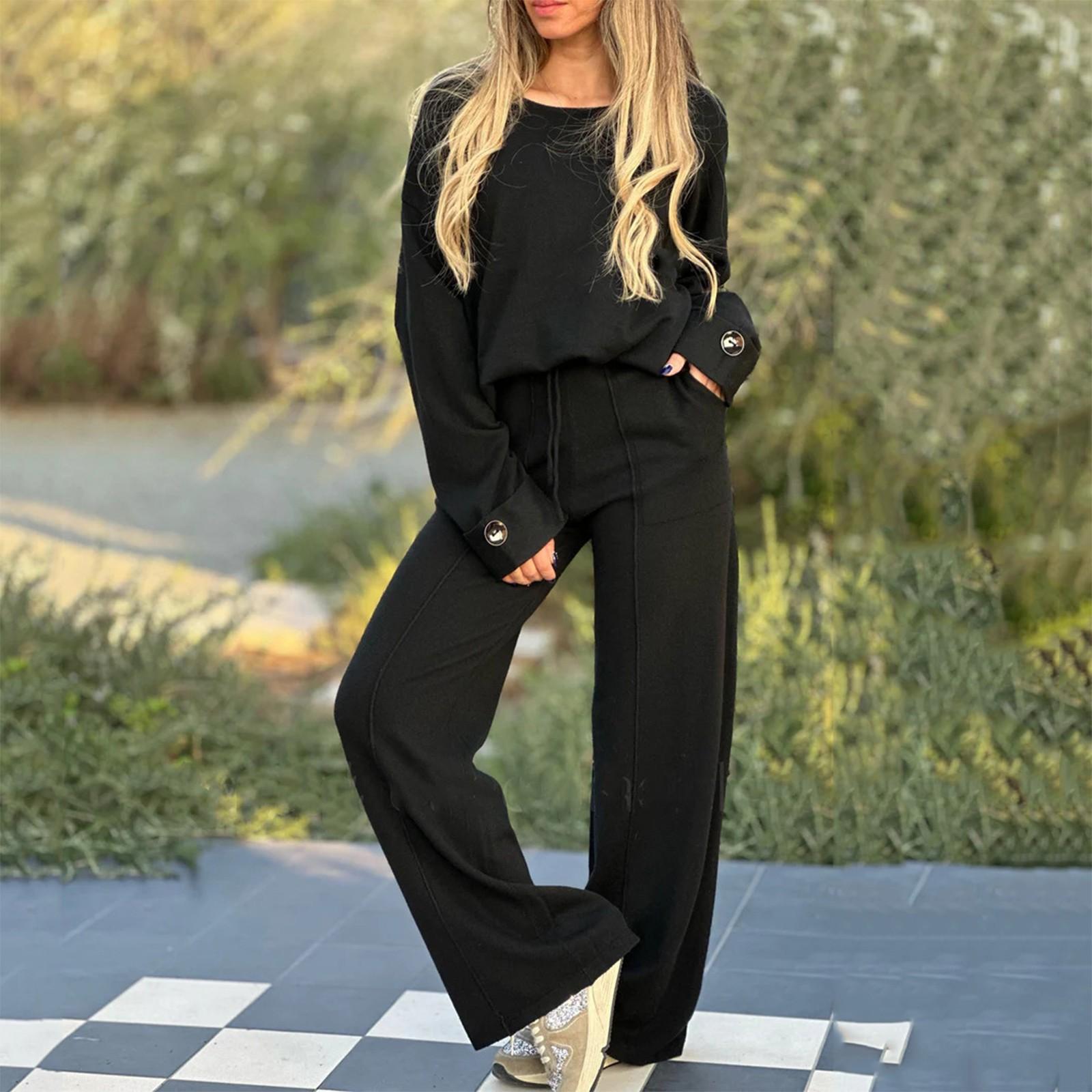 

Женская мода повседневная с длинным рукавом широкие длинные брюки комплект из двух частей свитшот с длинным рукавом S чёрный