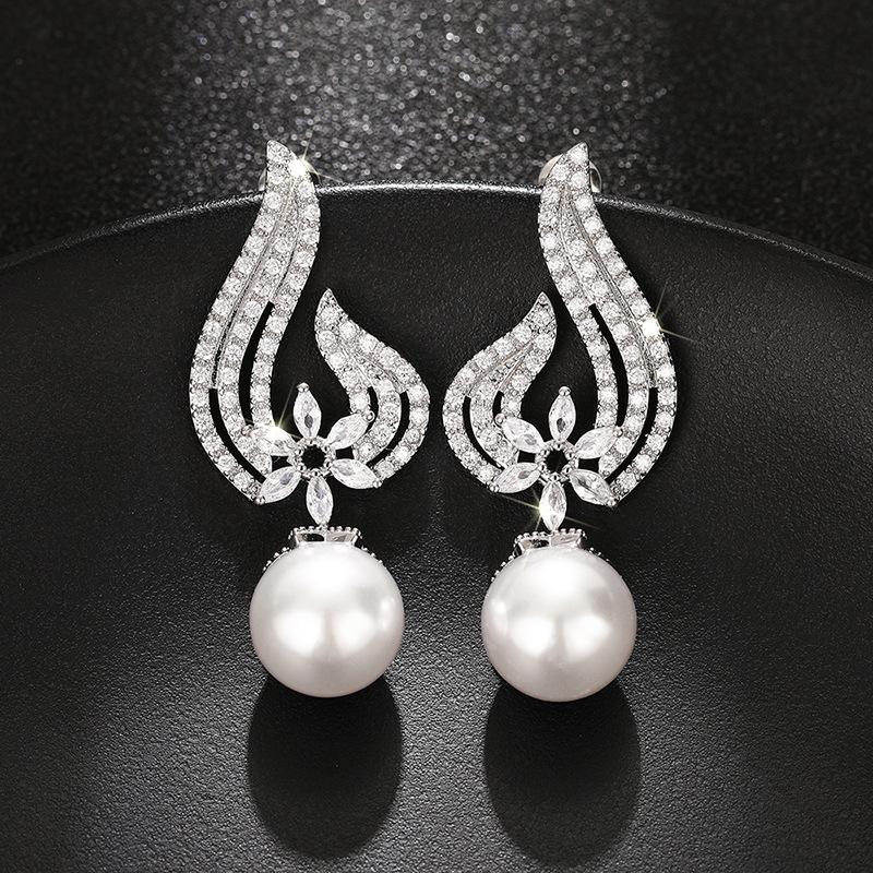 Source Angel Wings Imitation Pearl Earrings, Diamond Flower Zircon Earrings, Dinner Court Earrings