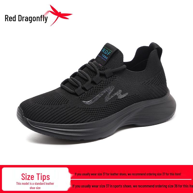 Women s Black Flyknit Red Dragonfly Sneakers - Breathable, Soft Sole, Height-Increasing, Casual Autumn Walking Shoes 35