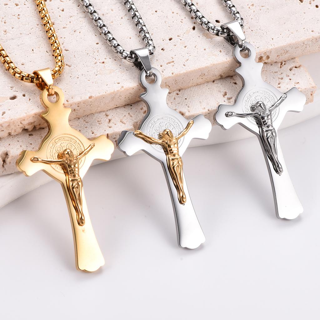 Catholic Christ Jesus Religion Saint Benedict Stainless Steel Cross Pendant Necklace Jewelry Gifts