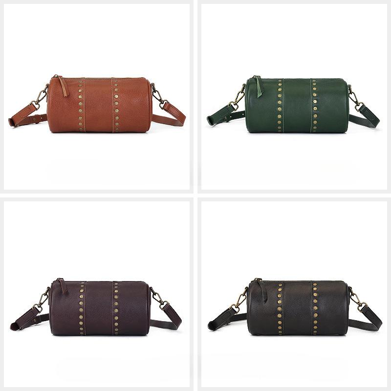 Genuine Leather Rivet Cylinder Bag Retro Vegetable-tanned Niche Design Single-shoulder Crossbody Bag