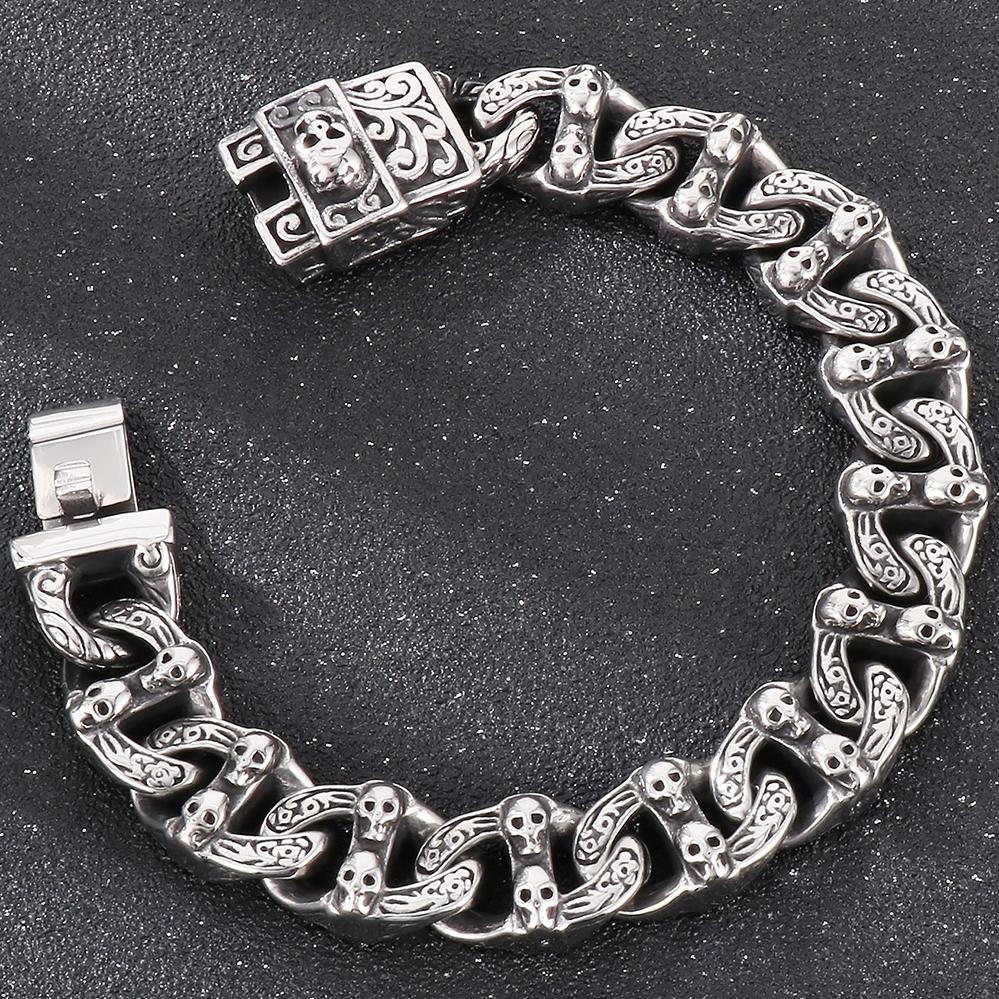 Pánský Cool masivní ocelový náramek s lebkou a tváří v tvář kubánský řetízek pro muže unikátní gotický punk rock šperky příslušenství halloweenské dárky