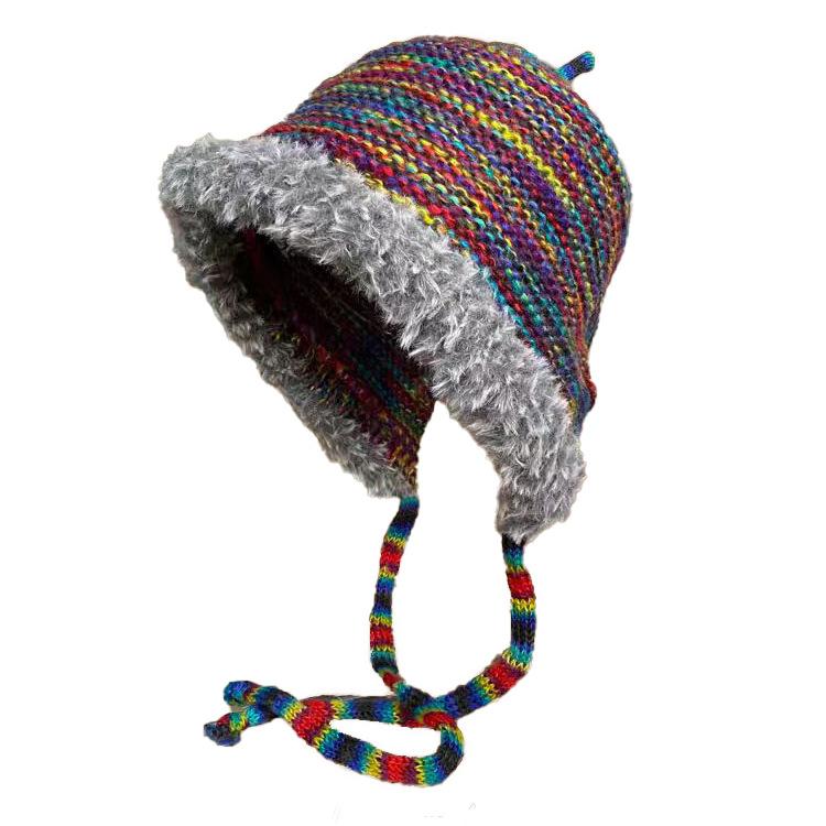Autumn and Winter Rainbow Color Striped Ear Protector Wool Hat Women's Face Small Lace-up Contrasting Color Bag Head Knitted Hat