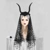 Punk Goat Horn Hairband for Halloween Party Gathering with Flower and Tulle Adult Women Roleplaying Game Accessories