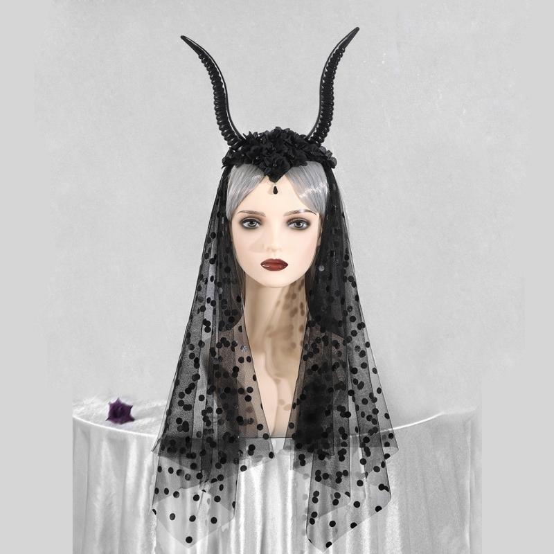 Punk Goat Horn Hairband for Halloween Party Gathering with Flower and Tulle Adult Women Roleplaying Game Accessories