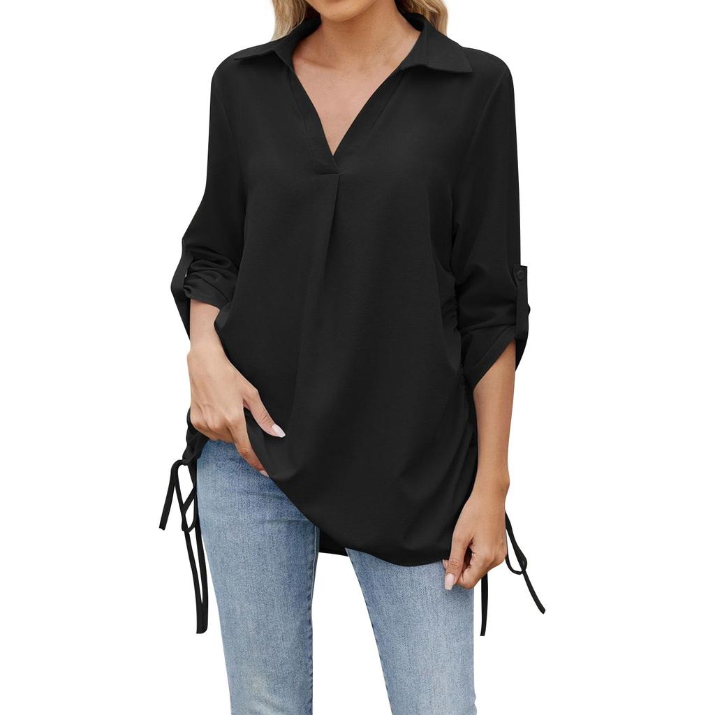Women's Fashion Casual Solid Color Lapel Mid Sleeve Shirt Loose Top