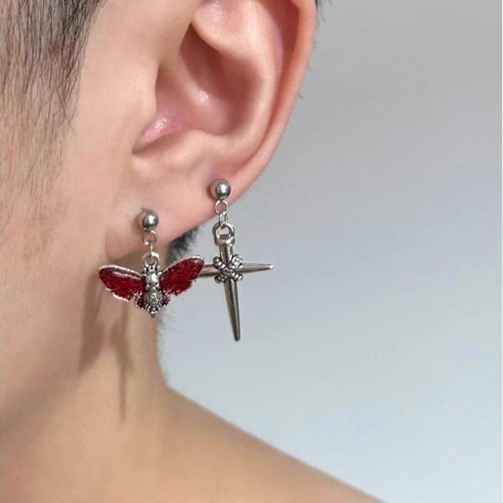 Punk Gothic Sliver Color Stainless Steel Cross Red Moth Skull Asymmetry Dangle Earrings for Women Hallowmas Party Jewelry Gifts