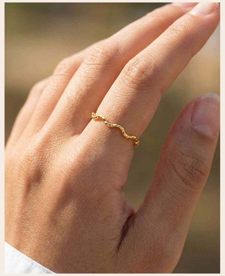 Stackable Wave Ring Thin Band, Golden Color Stainless Steel Waterproof Daily Wear Anti Tarnish Party Jewelry for Women
