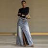 Women's High Waist Asymmetric Split Maxi Denim Skirt Loose Fit Vintage Washed A Line Long Jean Skirt