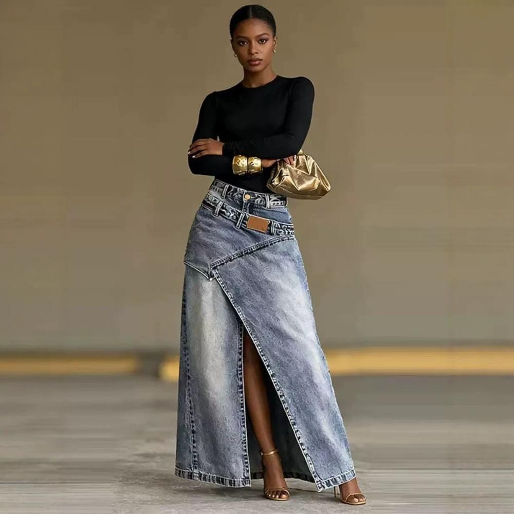 Women's High Waist Asymmetric Split Maxi Denim Skirt Loose Fit Vintage Washed A Line Long Jean Skirt