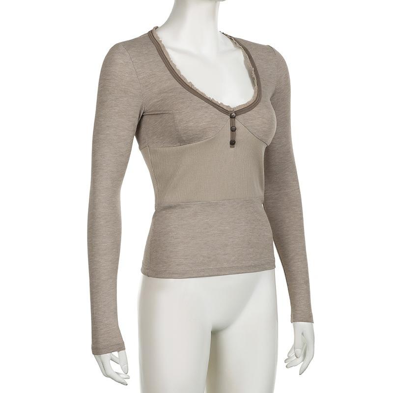 Women's Comfortable Casual Solid Colour Button Splicing Bottoming Tight T-shirt Spring and Summer New Spice Girls Models V-neck Tops