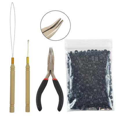 Kit d'outils pour extensions de cheveux : Pince à cheveux I-Tip 500 pièces Micro perles/anneaux en silicone pour cheveux Boucle de traction Enfileur Crochet Aiguille