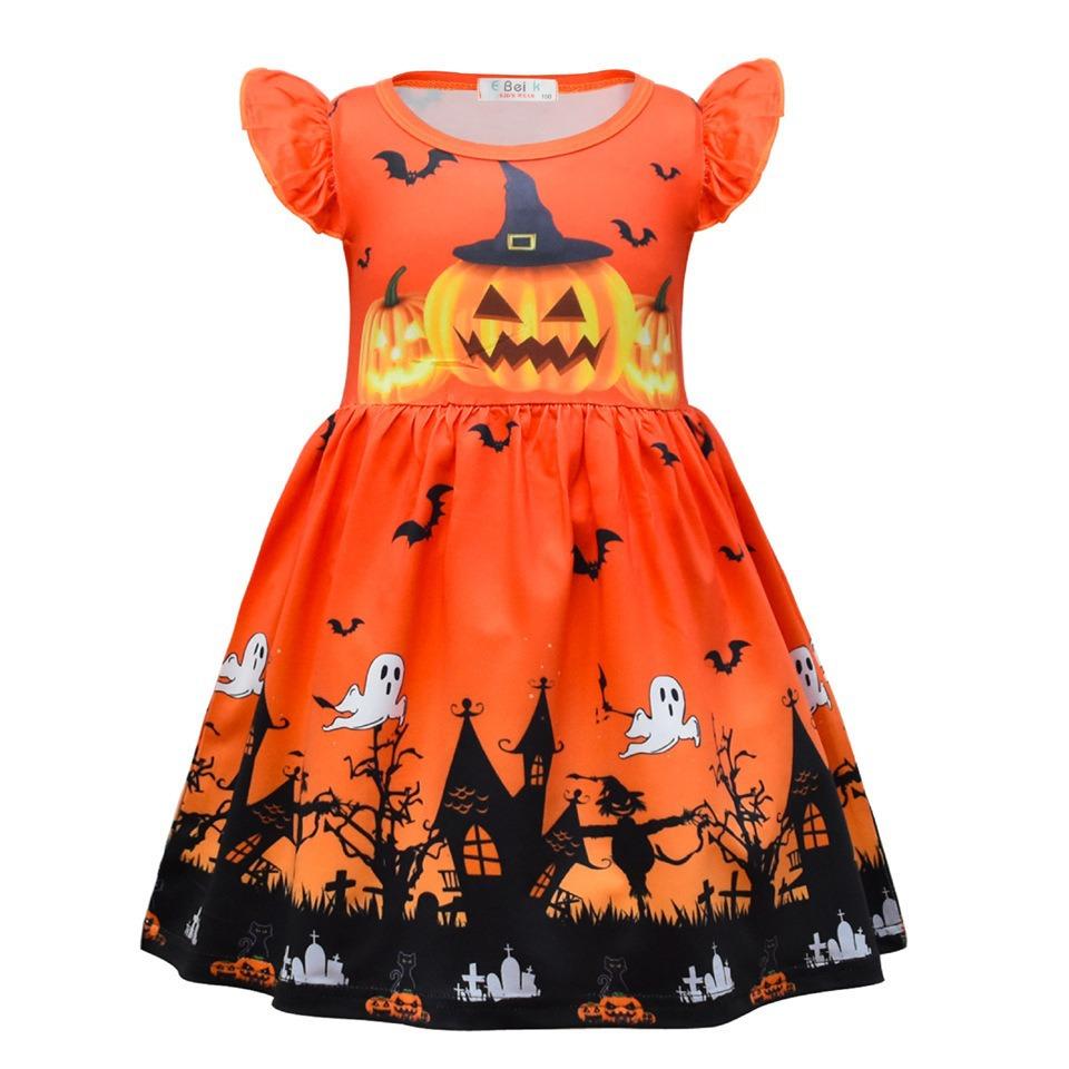 European And American Children'S Skirts Halloween Horror Night Children'S Dresses Short Ruffle Sleeves Girls Clothes Round Neck Evening Dresses