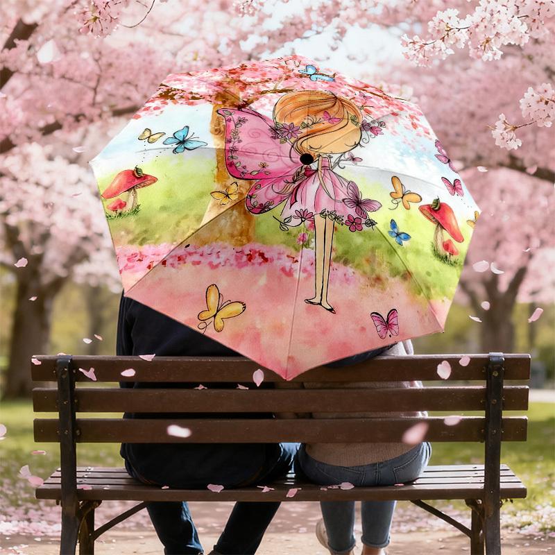 1pc fairy butterflies Automatic Folding Umbrella, Heavy Duty 8 Rib Iron Frame,  Suitable for Travel, Daily Use, Birthday, Decor Gift m0104042