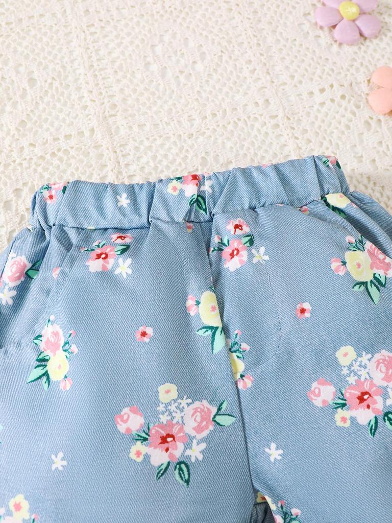 Fashion Baby Girl 2PCS Floral Print Outfit Set Ruffle Sleeve Button Down Shirt + Shorts for 0-3Y Newborn Casual Summer Clothes