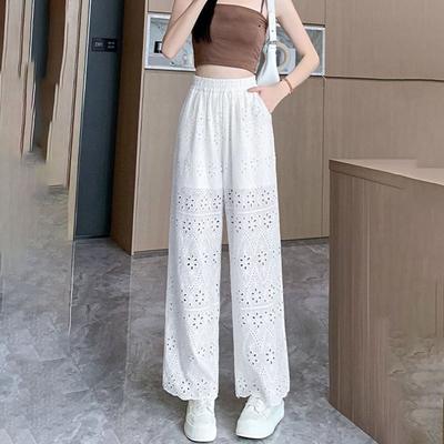 Hollow Wide Leg Pants for Women's Summer Thin and Loose Fit Large Casual Cropped Pants with Straight Leg Sports Pants for Women