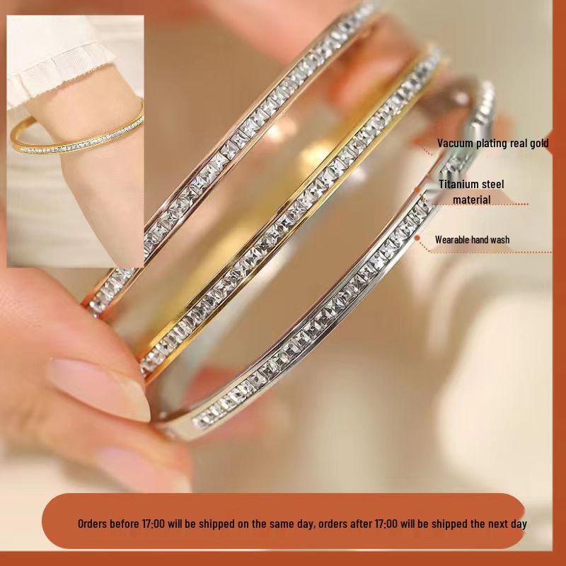 Women's Titanium Steel Bracelet with Inlaid Diamonds - Elegant Starry Design, Non-Fading, INS Style, High-End Full Diamond Bangle.