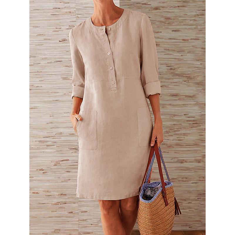 2024 Spring Women's Plus Size Long Sleeve Cotton Linen Round Neck Dress