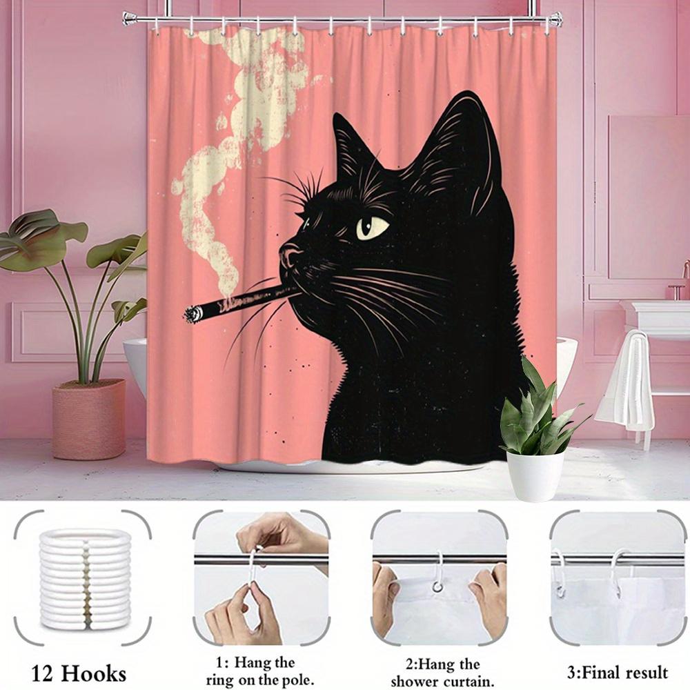 Black Cat Shower Curtain Vintage Pink Polyester for Bathroom Decor with Hooks