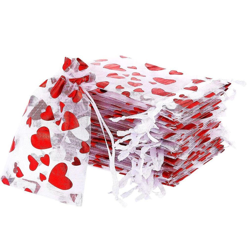 20pcs Love Heart Valentine's Day Gift Bag Drawstring Bronzing Gift Bag Mesh Candy Pouches  Wedding