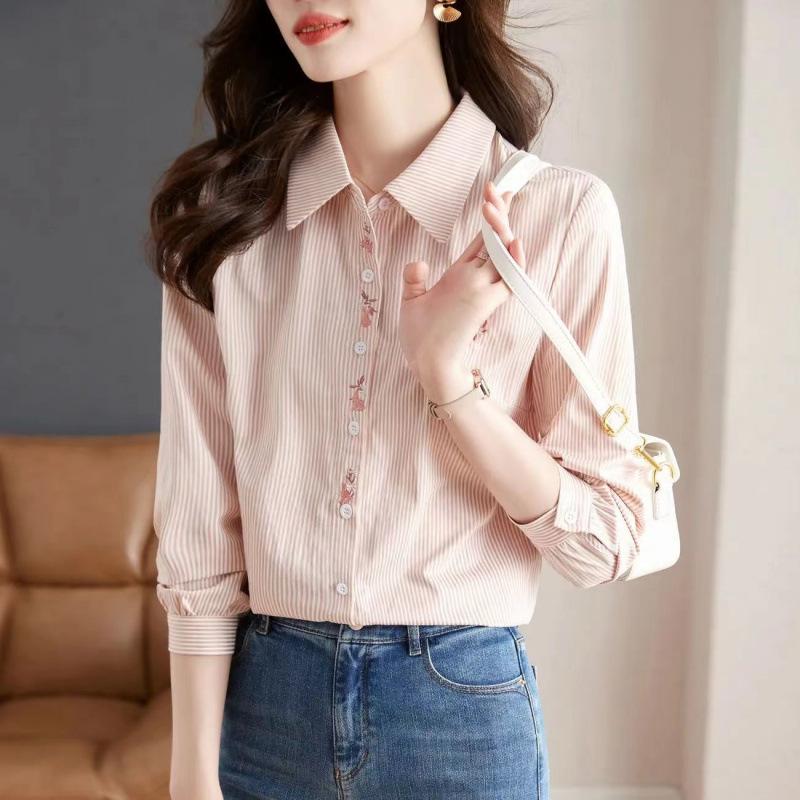 

Spring Women Blouses Embroidered Shirt Pink Tops For Woman Clothes Blous Striped Shirt Cardigan Blouses Laple Long Sleeve Shirt 2XL