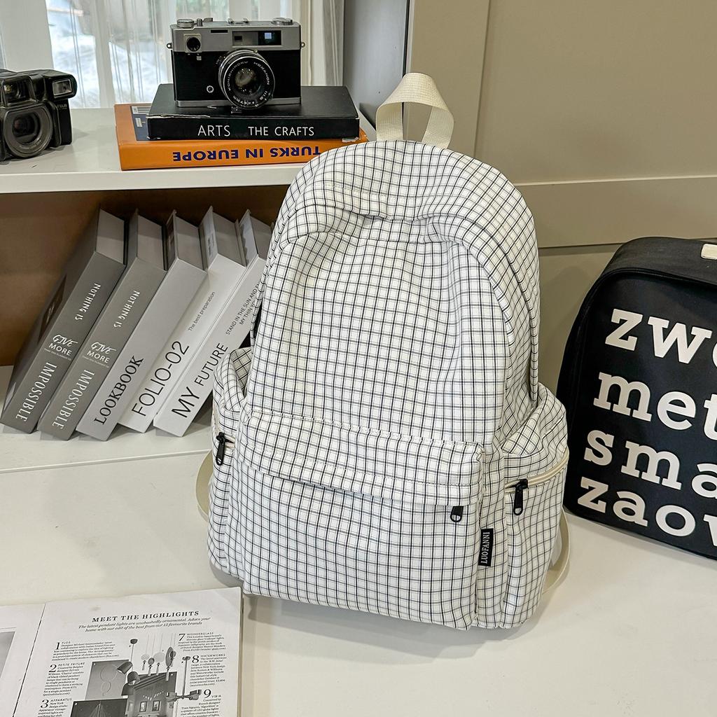 Schoolbag for Women, Korean Style INS Minimalist Plaid Backpack, Large Capacity Leisure Travel Backpack for Middle and High School Students