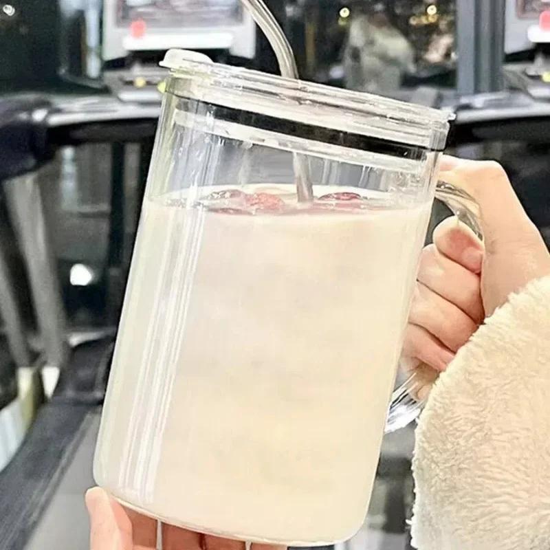 1L Drinking Glass Tumbler With Lid And Straw Glass Coffee Cup Transparent Cup Juice Mocha Cups Glass Mug Milk Juice Cup