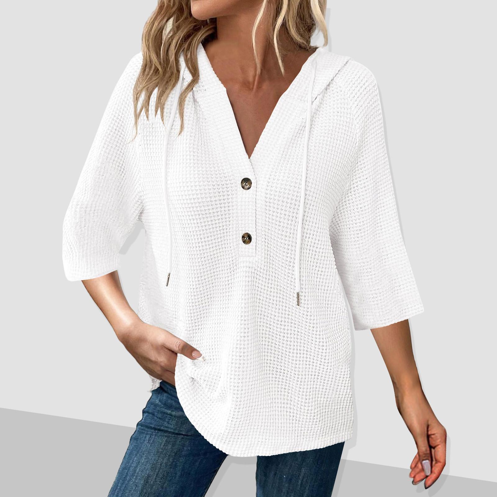 

Женская мода, семь рукавов, капюшон, пуговицы, V-образный вырез, повседневный свитшот с капюшоном, топ XL белый