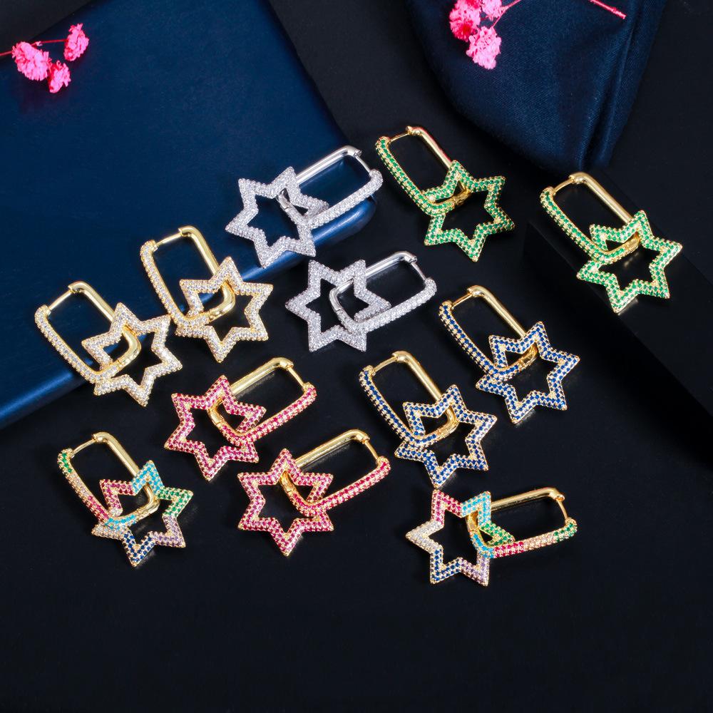 Hexagonale Geometrische Verschluss Damenohrringe Kreativer Stern Leicht Eingelegter Farbiger Zirkon Beliebter Ohrschmuck