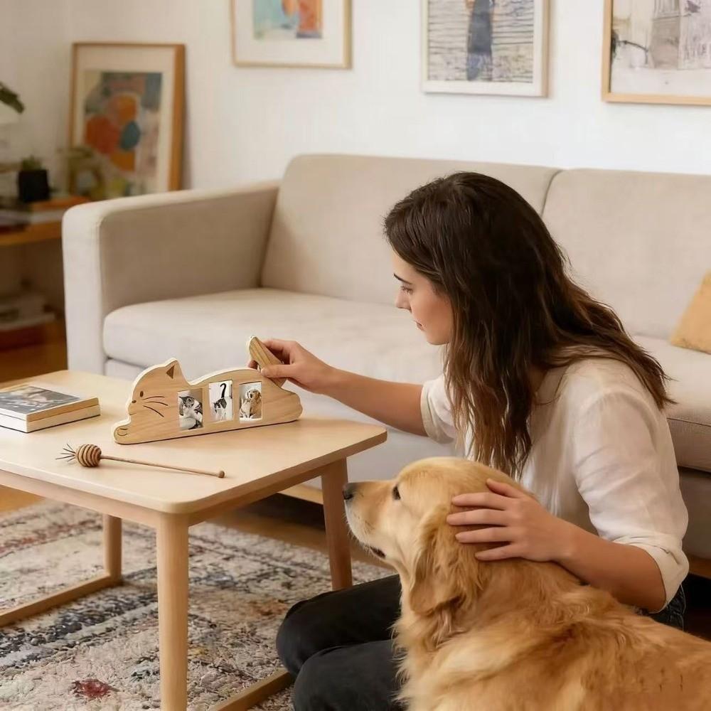 Rotatable Tail Cat Shape Photo Frame Adjustable Angle Kitten Wooden Photo Holder  Memorial Gift