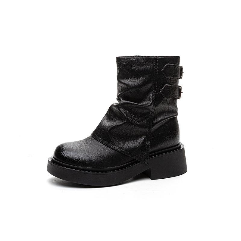 British Style Short Boots Children, New Autumn and Winter Pleated Knight Boots Thick-soled Trouser Tube Boots Women's Pile Student Boots